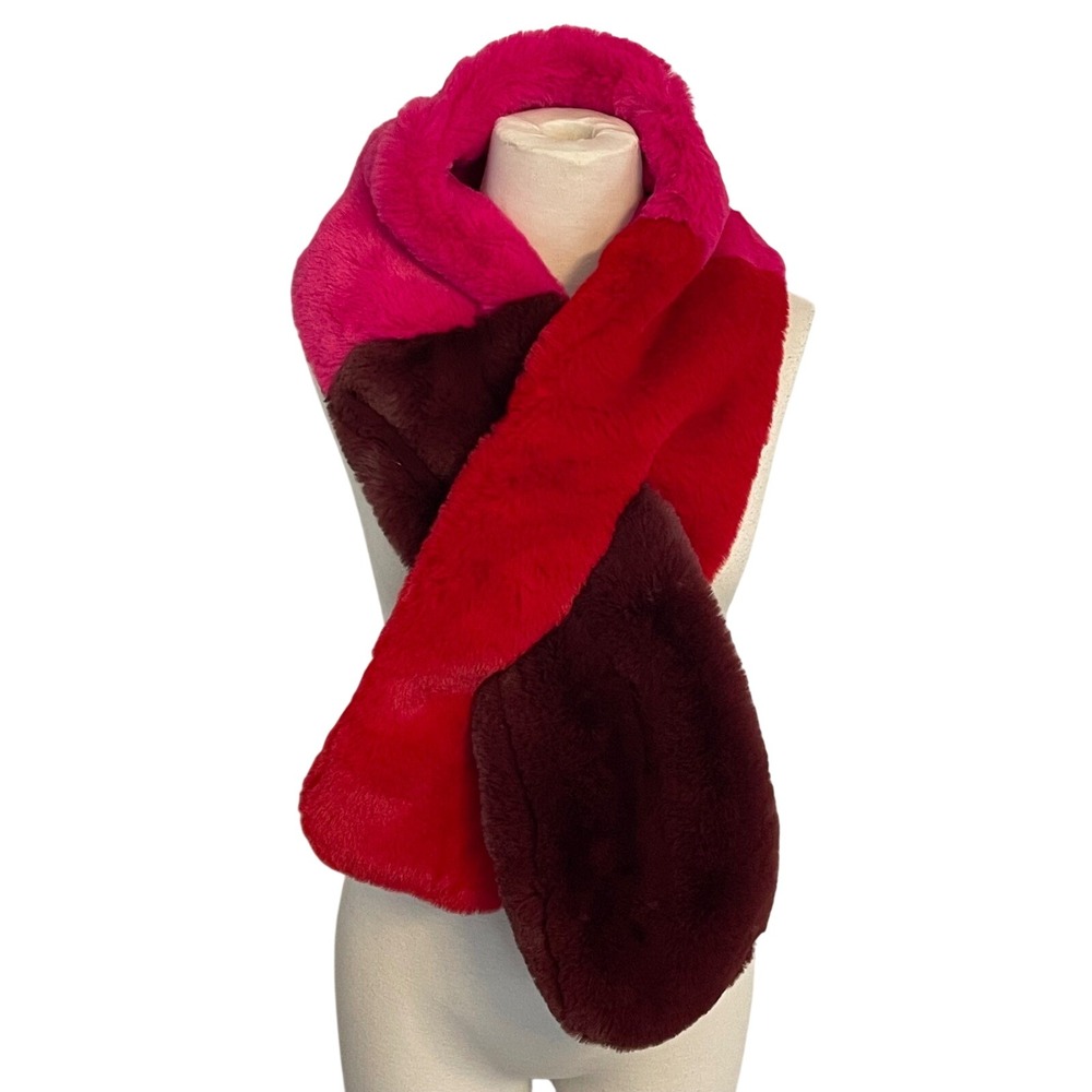 Saks Fifth Avenue Faux Fur Color Block Scarf Pink Red Burgundy One‎ Size